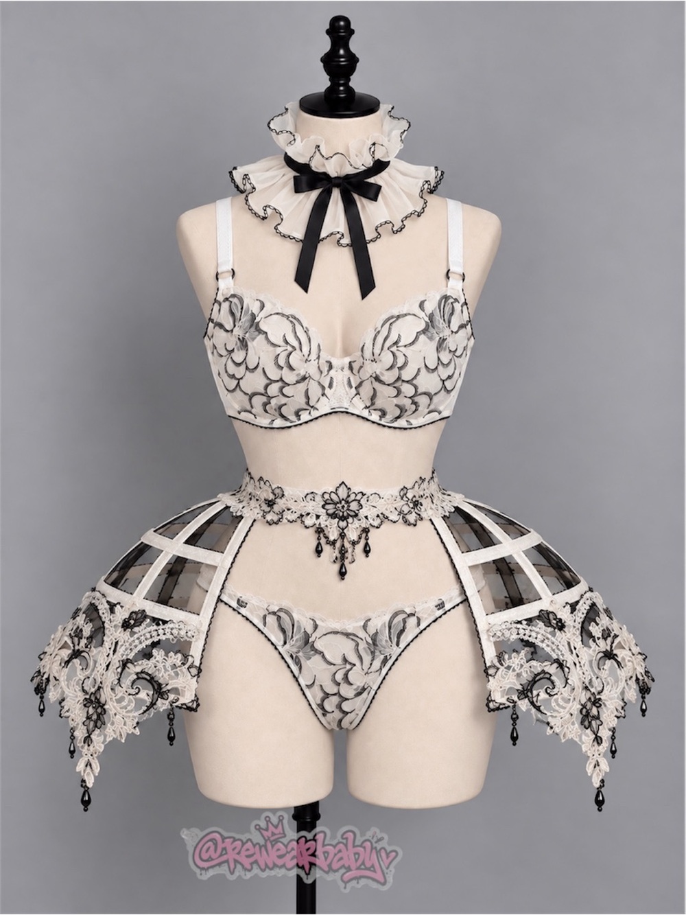 Chantelle Paris White Lace Underwire Bra with Black Floral Detail